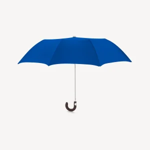 Zusammenklappbarer Regenschirm mit geflochtenem Ledergriff – Königsblau